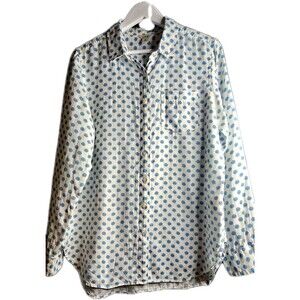 L.L.Bean Linen Floral Button Up Shirt Blue White Coastal Cottagecore Medium